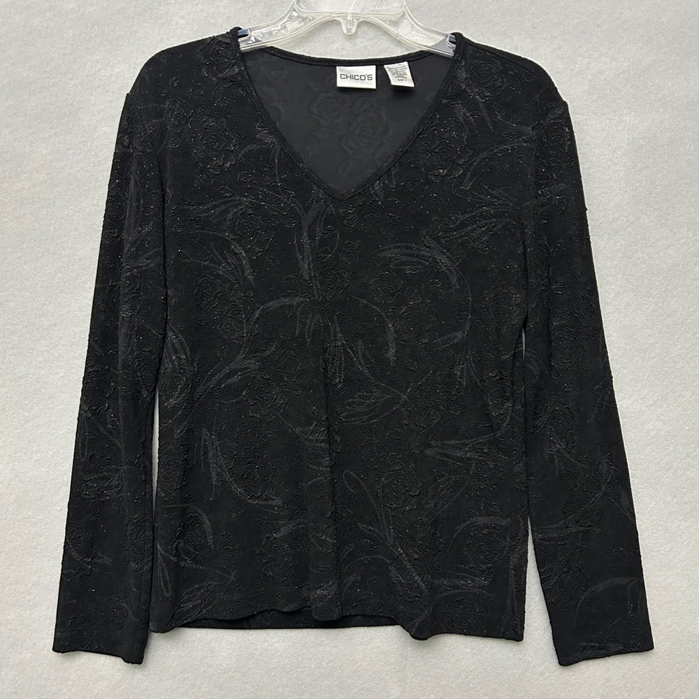 Chico's Women 1 Liquid Knit Top Black Sparkle Floral V-Neck Long Sleeve Blouse